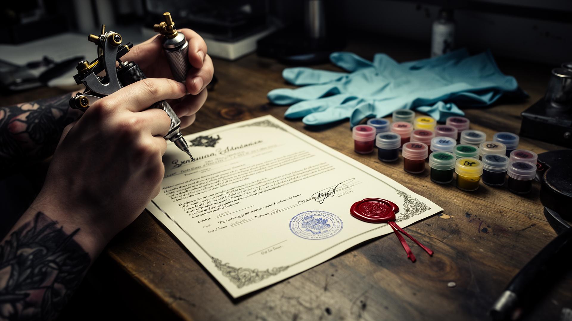 Mains d'un tatoueur tenant une machine à côté d'un certificat officiel scellé à la cire rouge sur un établi en bois