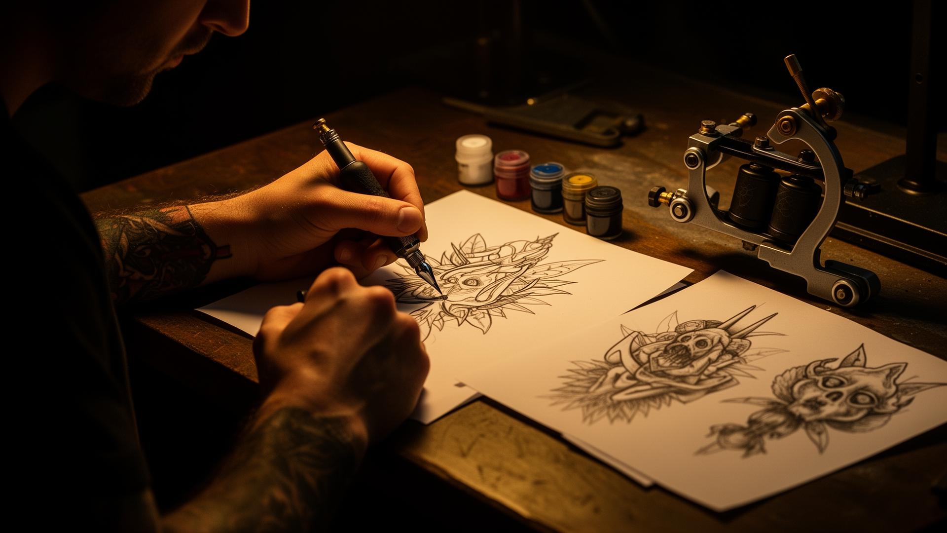 Tatoueur en train de dessiner un flash original à l'encre, machine et godets sur l'établi