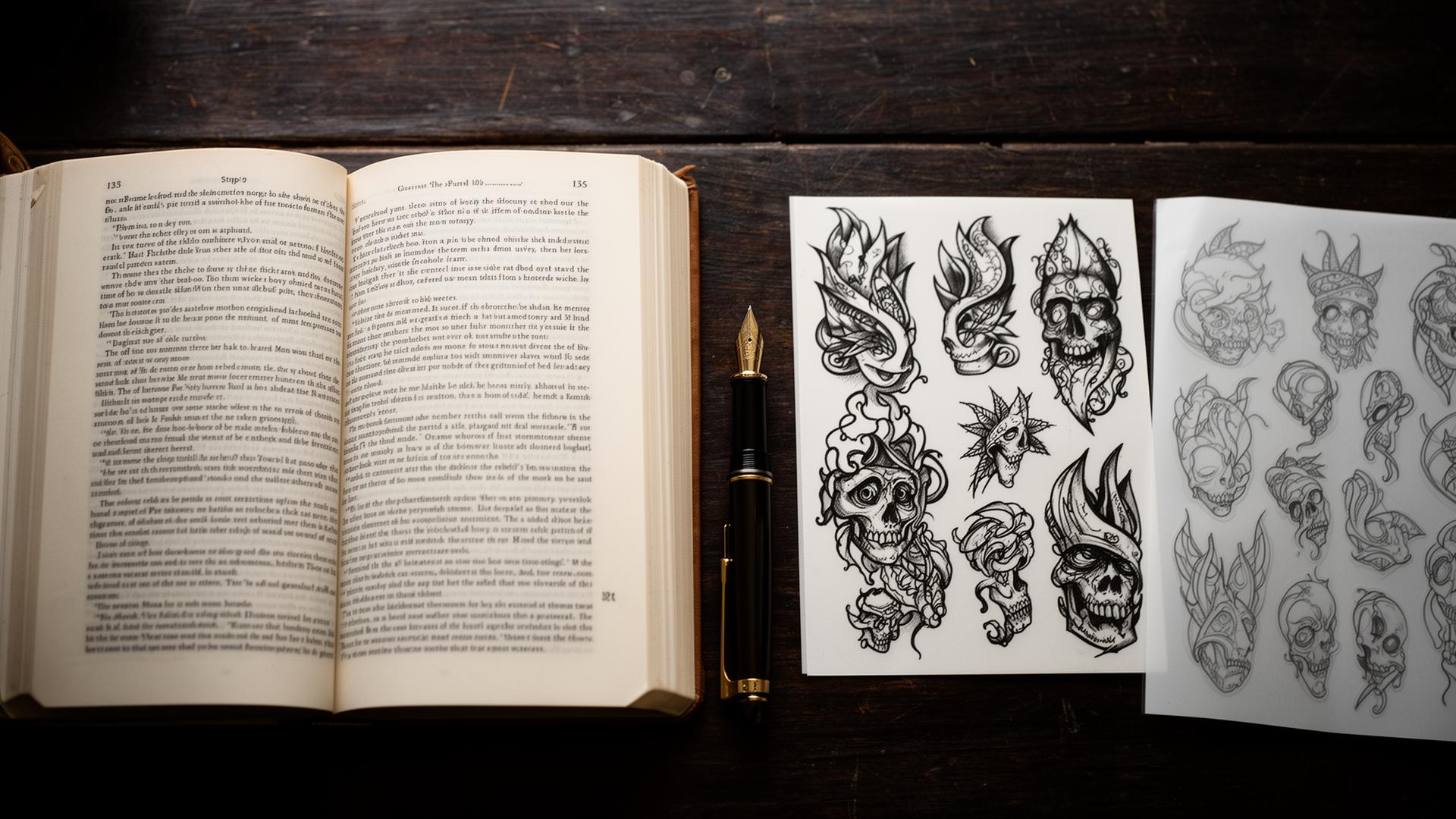 Code juridique ouvert à côté d'un carnet de flash de tatouage et d'un stylo plume