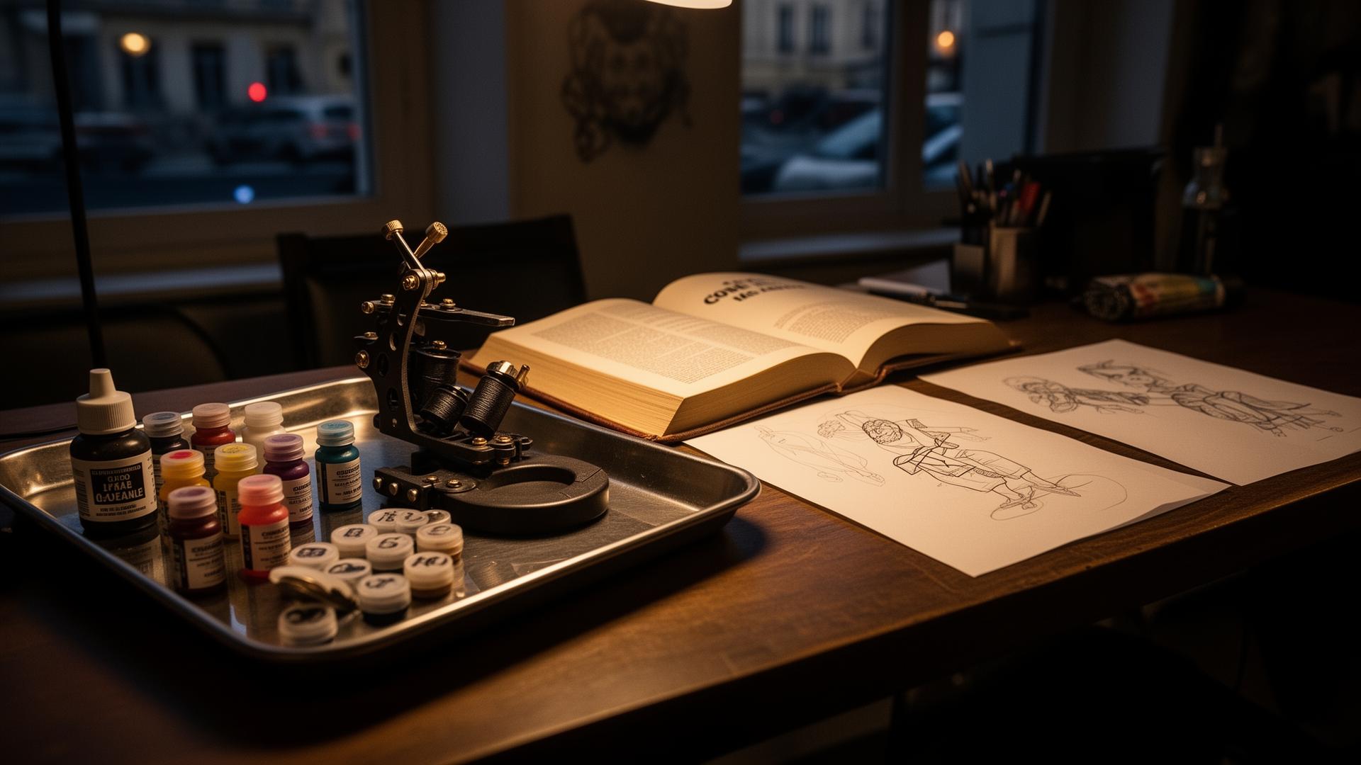 Établi de tatoueur en France avec machine, godets d'encre et code juridique ouvert, lumière chaude de fin de journée