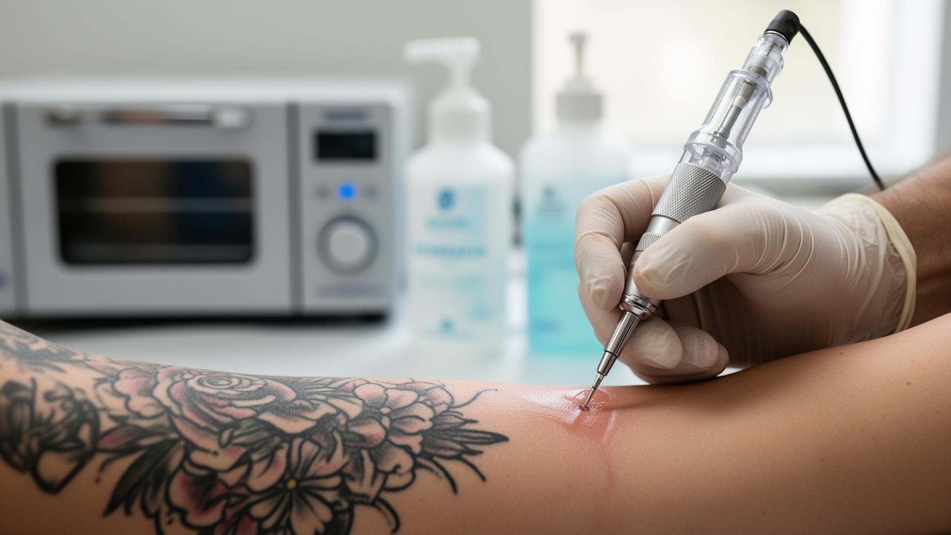 Tatoueur ganté en train de tatouer un bras avec autoclave et solutions désinfectantes en arrière-plan