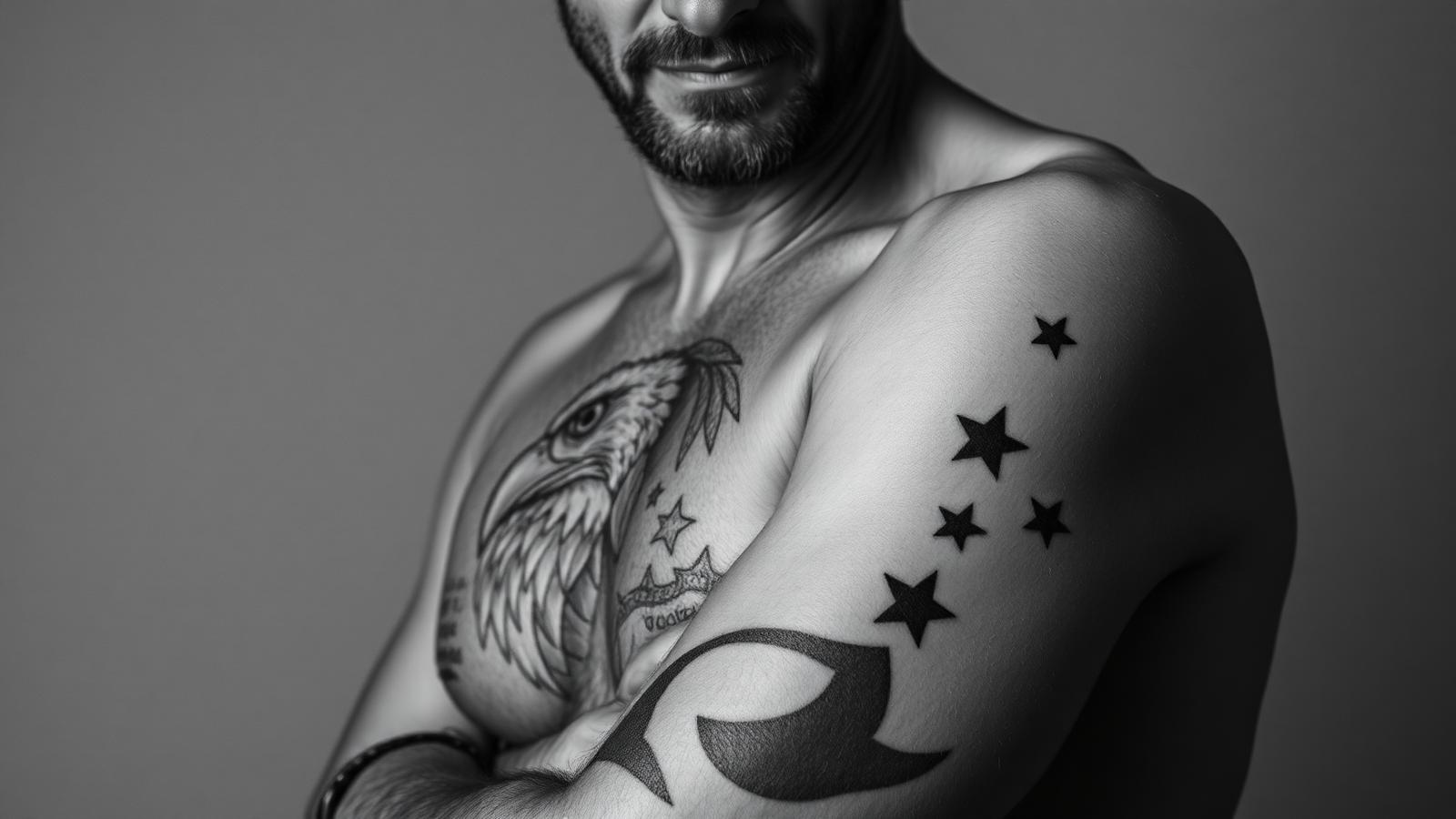Avant-bras d'un homme tatoué d'un aigle et d'étoiles, style traditionnel américain, photo noir et blanc