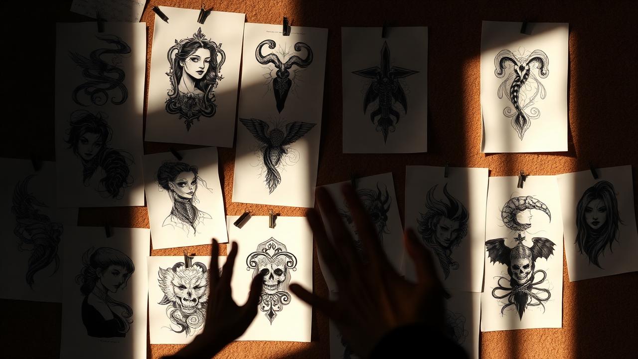 Mood board de dessins de tatouage épinglés sur un mur, certains copiés sur Pinterest