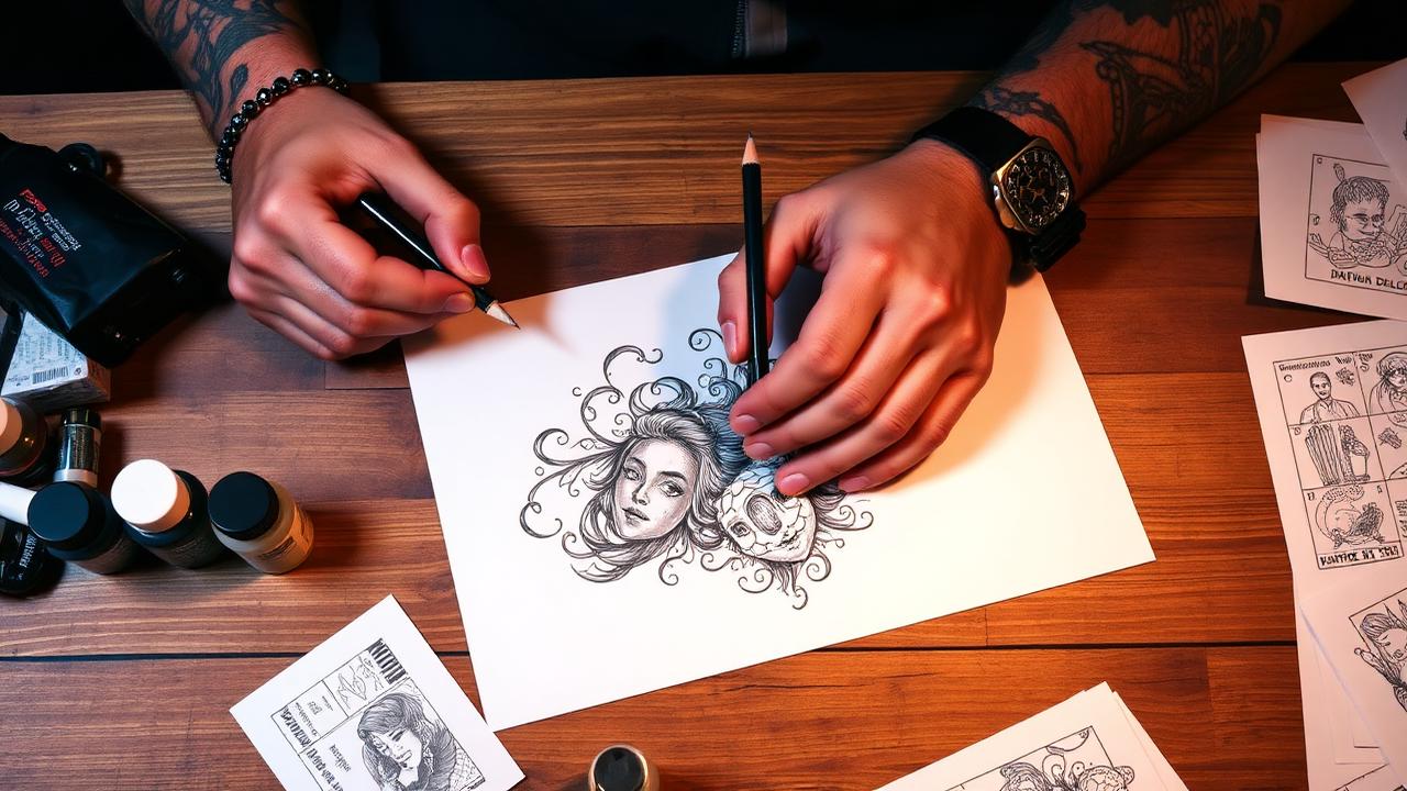 Mains d'un tatoueur en train de dessiner un croquis original sur papier, entouré d'encres et de stencils