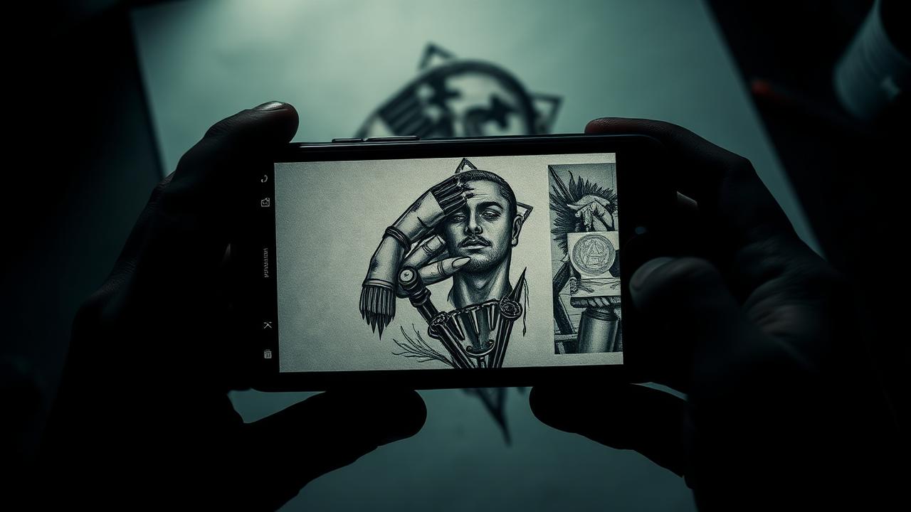 Smartphone photographiant un dessin de tatouage original sur papier, illustration du vol de dessin
