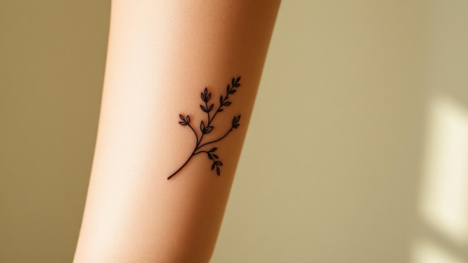 Petit tatouage botanique fine line sur un avant-bras, trait noir fin, lumière naturelle chaude
