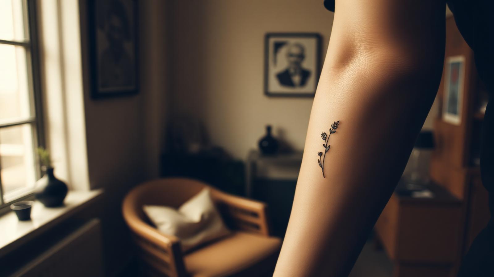 Avant-bras d'une cliente avec un petit tatouage botanique fine line, ambiance studio ivoire et lumière naturelle