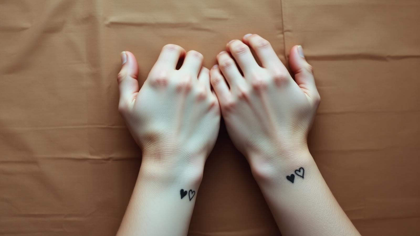 Deux poignets côte à côte avec un petit tatouage identique en fine line