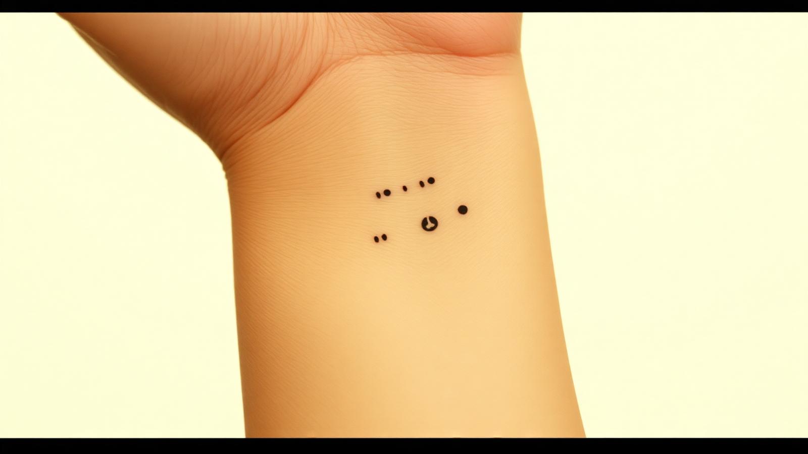 Micro-tatouages minimalistes en points et petits symboles noirs sur un poignet, fond ivoire
