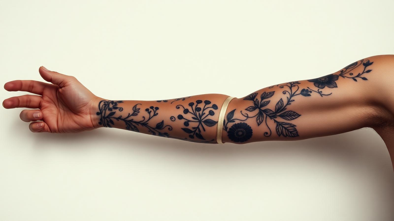 Bras entier composé de plusieurs tatouages liés racontant une histoire visuelle