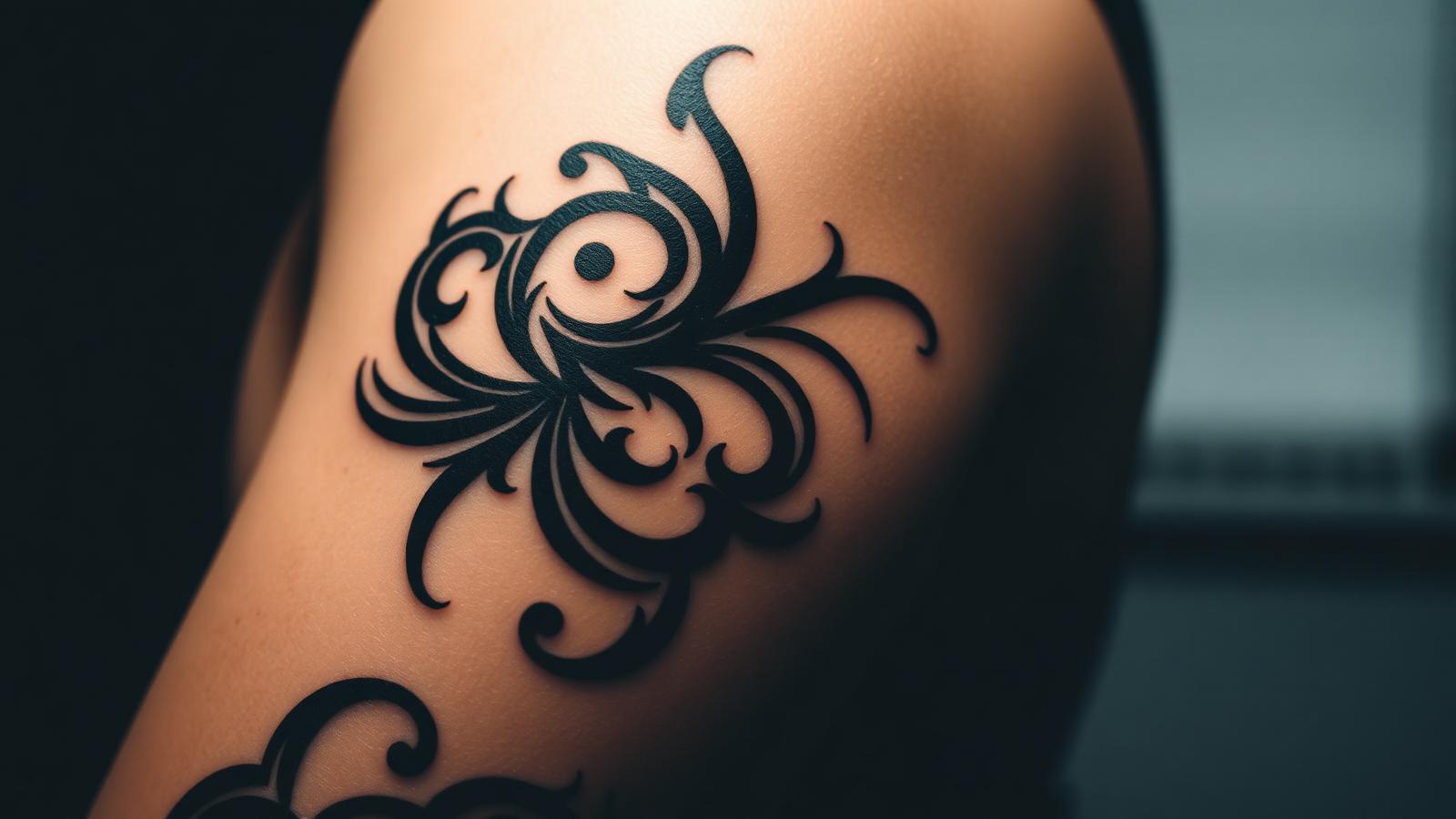 Tatouage néo-tribal blackwork ornemental sur un bras, formes noires fluides et jeux de négatif