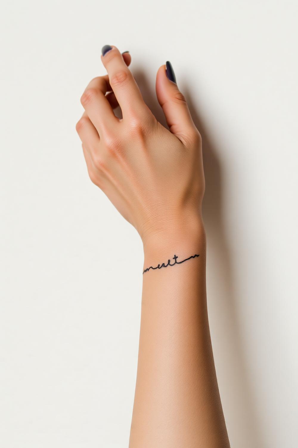 Tatouage bracelet fine line manuscrit sur un poignet, fond ivoire, format vertical Pinterest